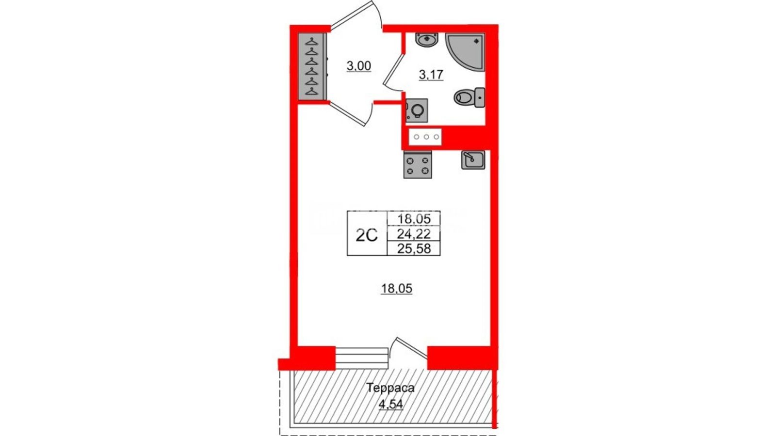 Планировка: студия, 24,2 м²