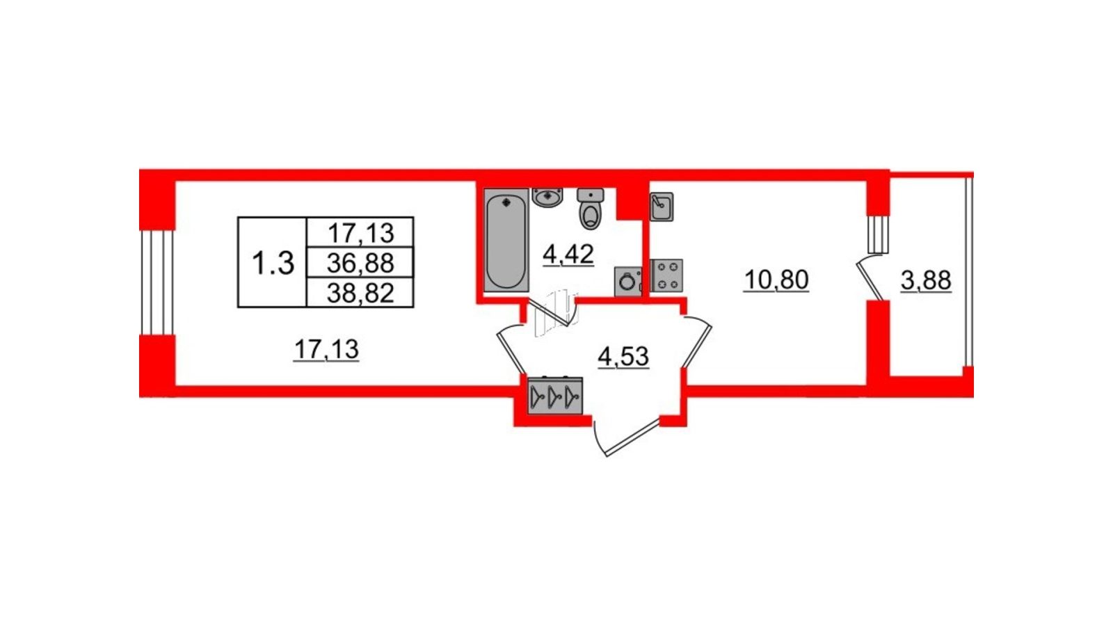 Планировка: 1-комнатная квартира, 36,9 м²