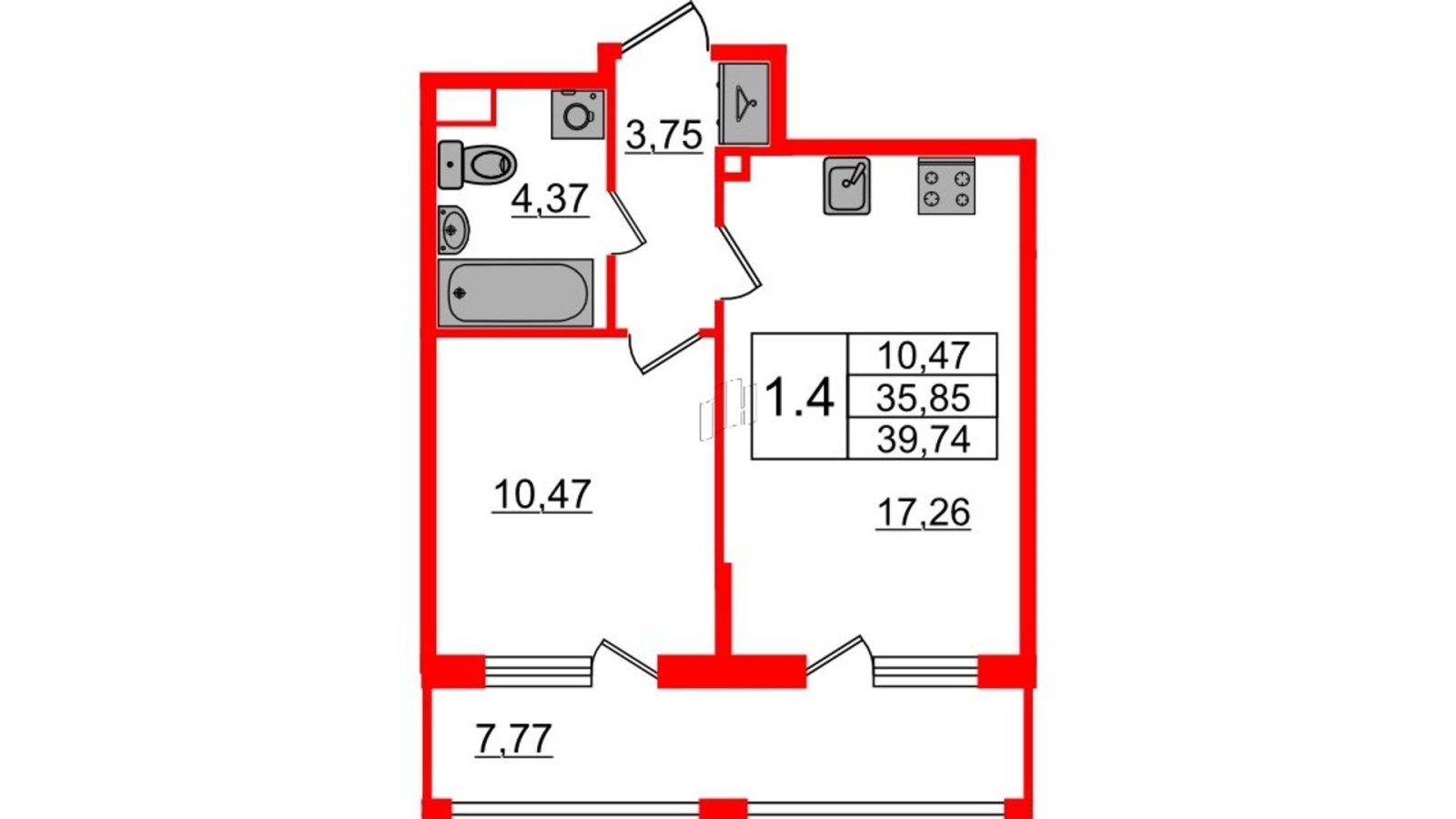 Планировка: 1-комнатная квартира, 35,9 м²