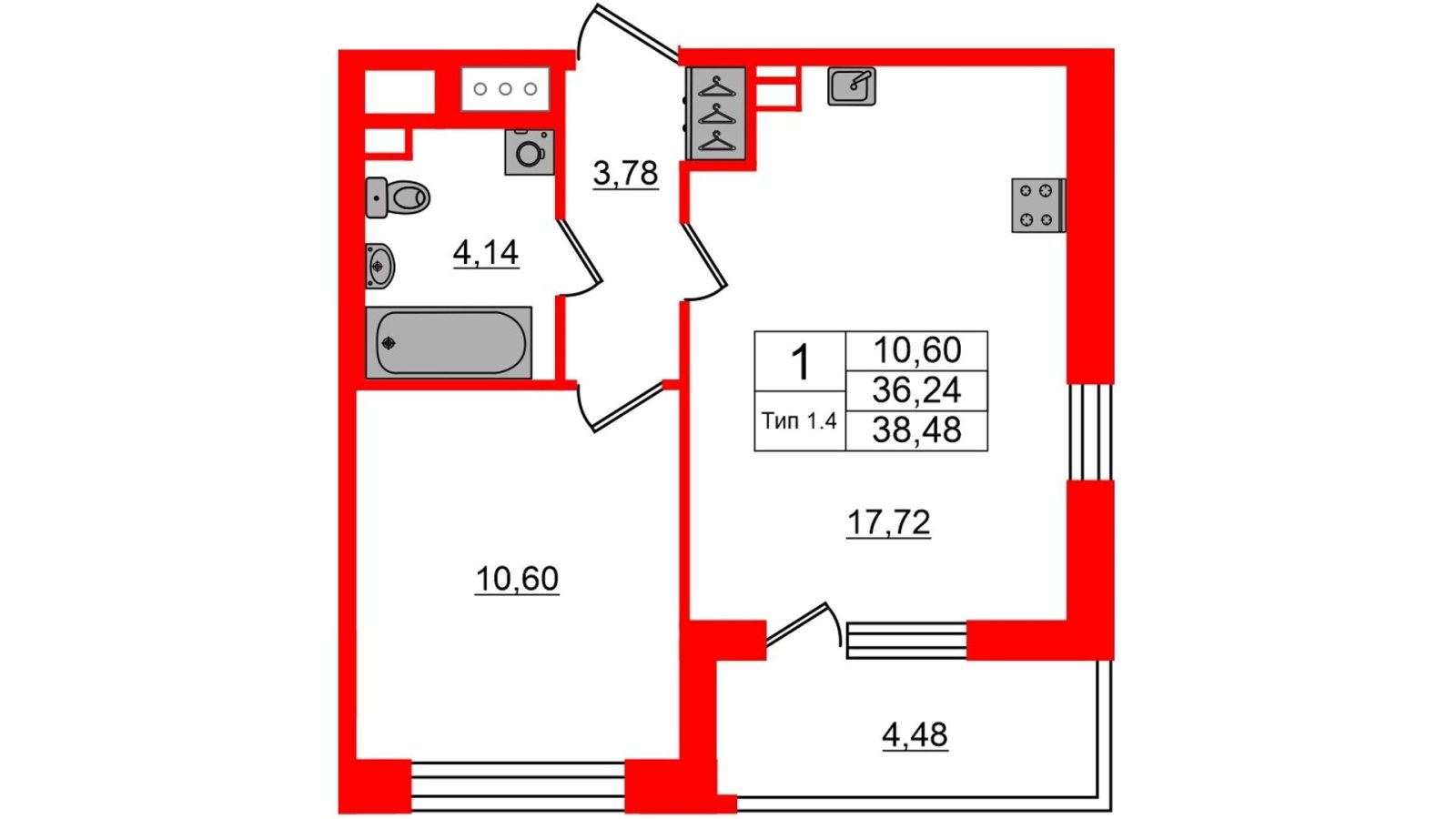 Планировка: 1-комнатная квартира, 36,2 м²