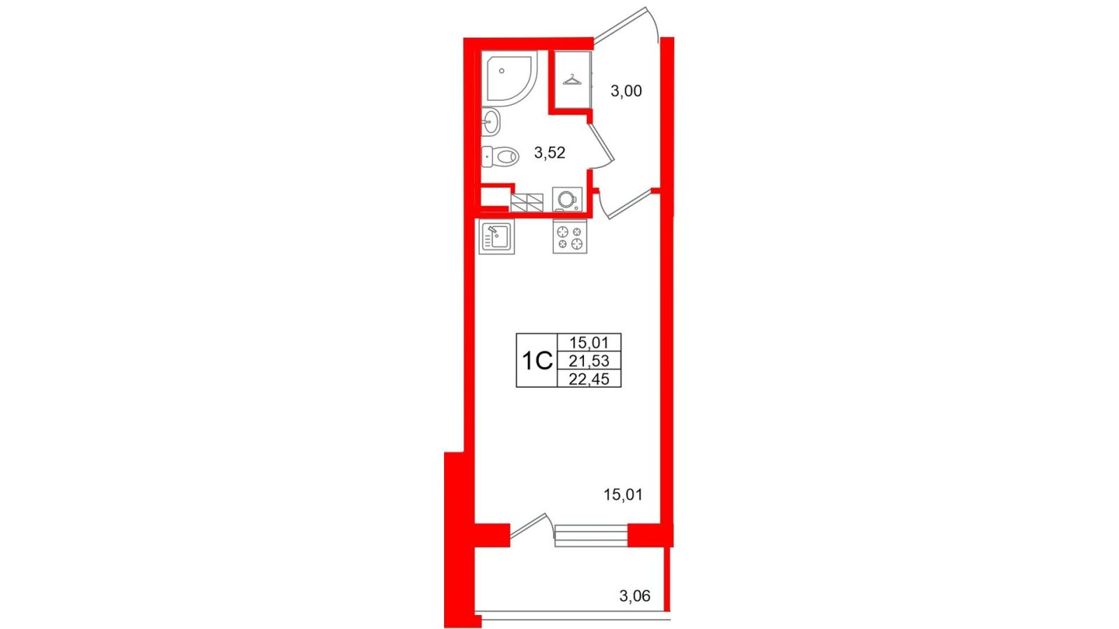 Планировка: студия, 21,5 м²