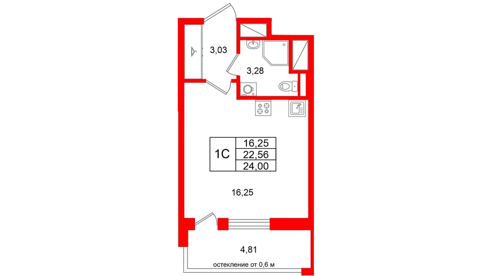 Планировка: студия, 22,6 м²