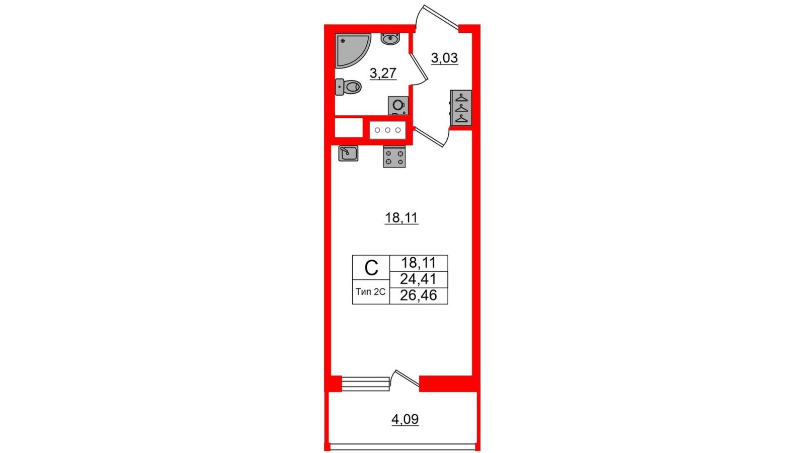 Планировка: студия, 24,4 м²