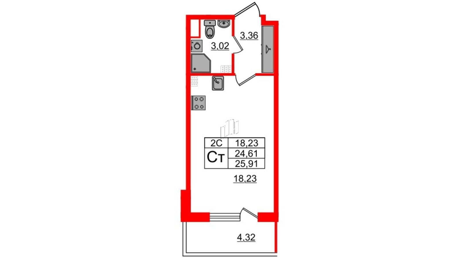 Планировка: студия, 24,4 м²