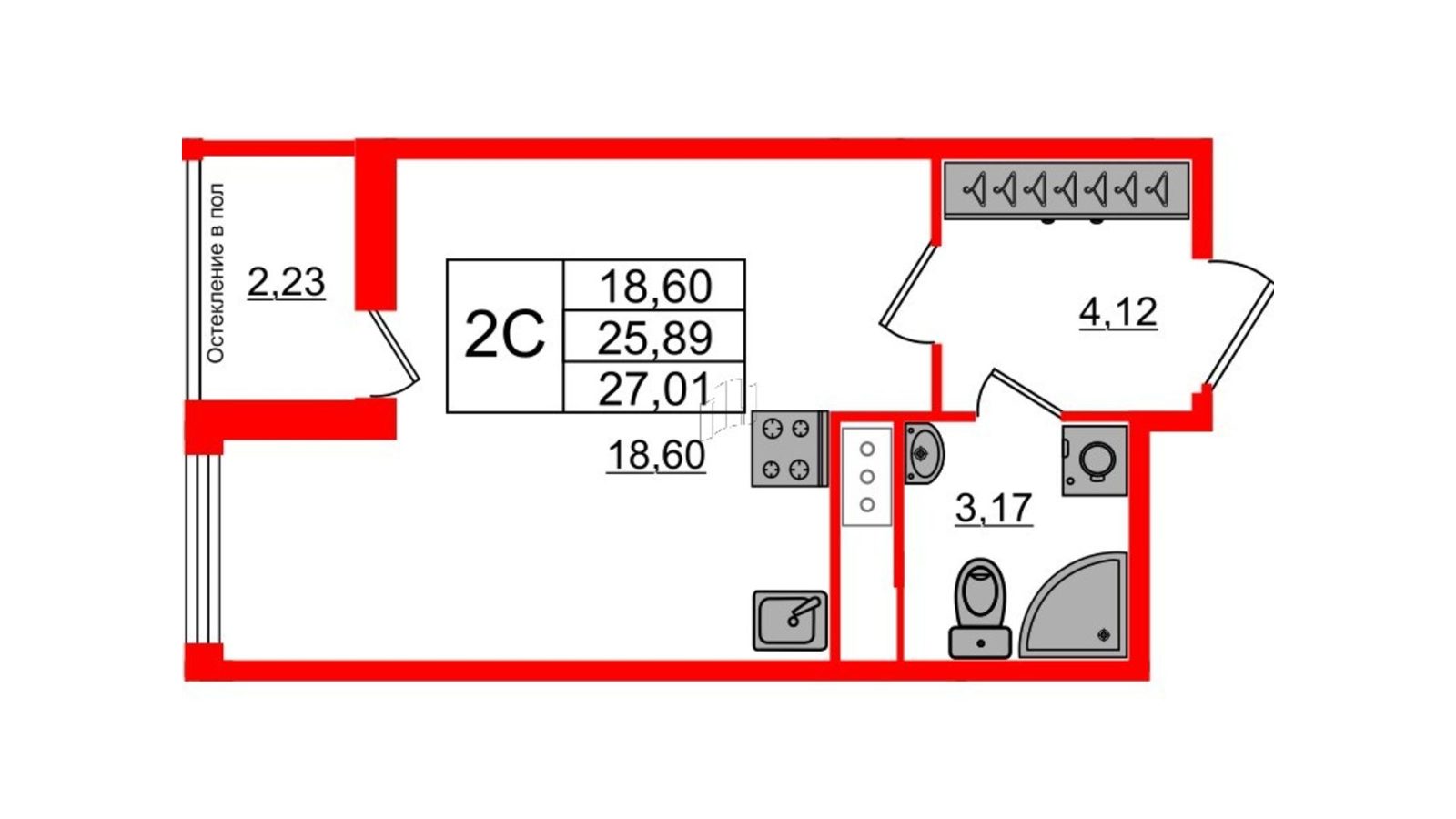 Планировка: студия, 25,5 м²