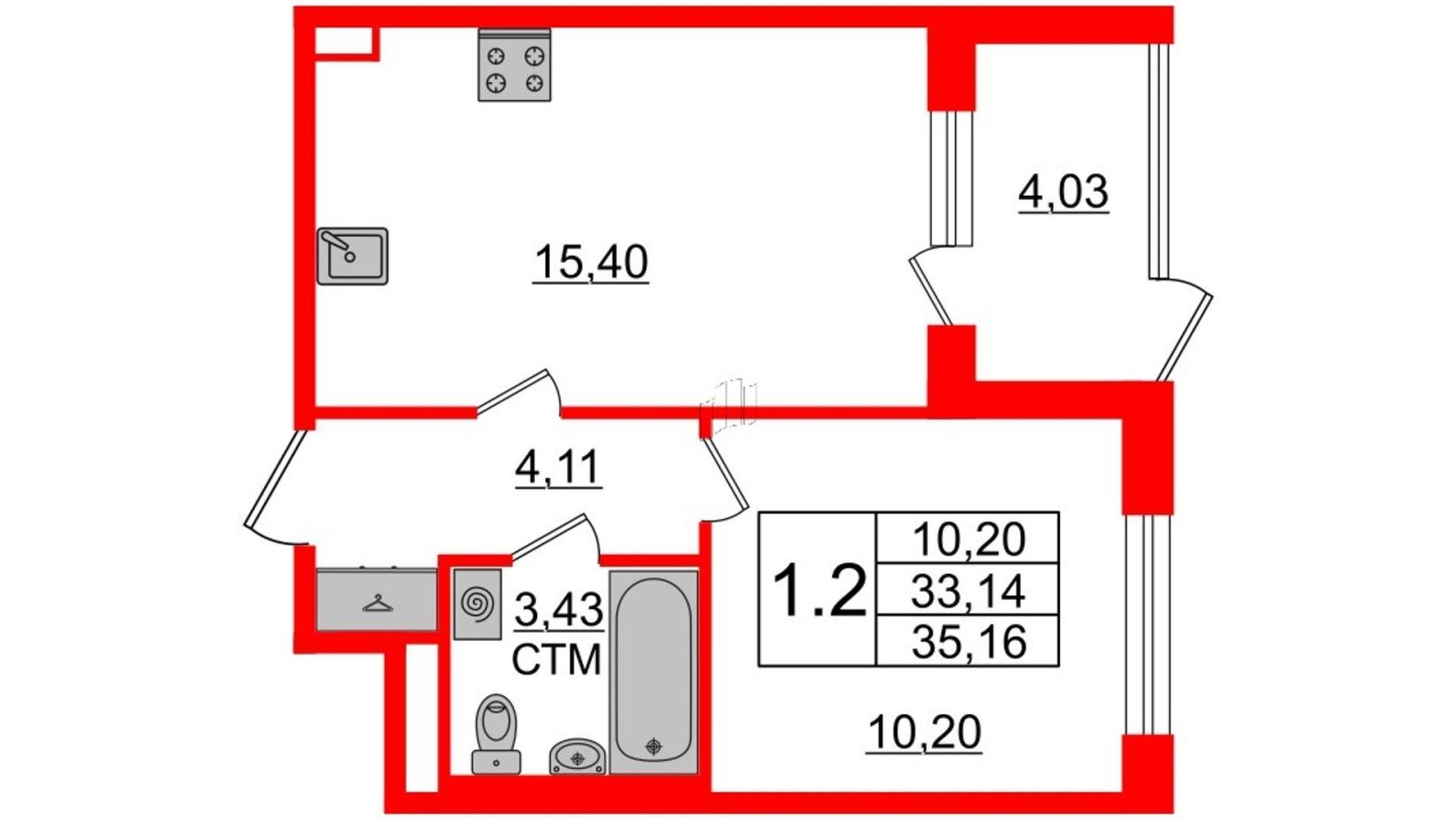 Планировка: 1-комнатная квартира, 32,8 м²