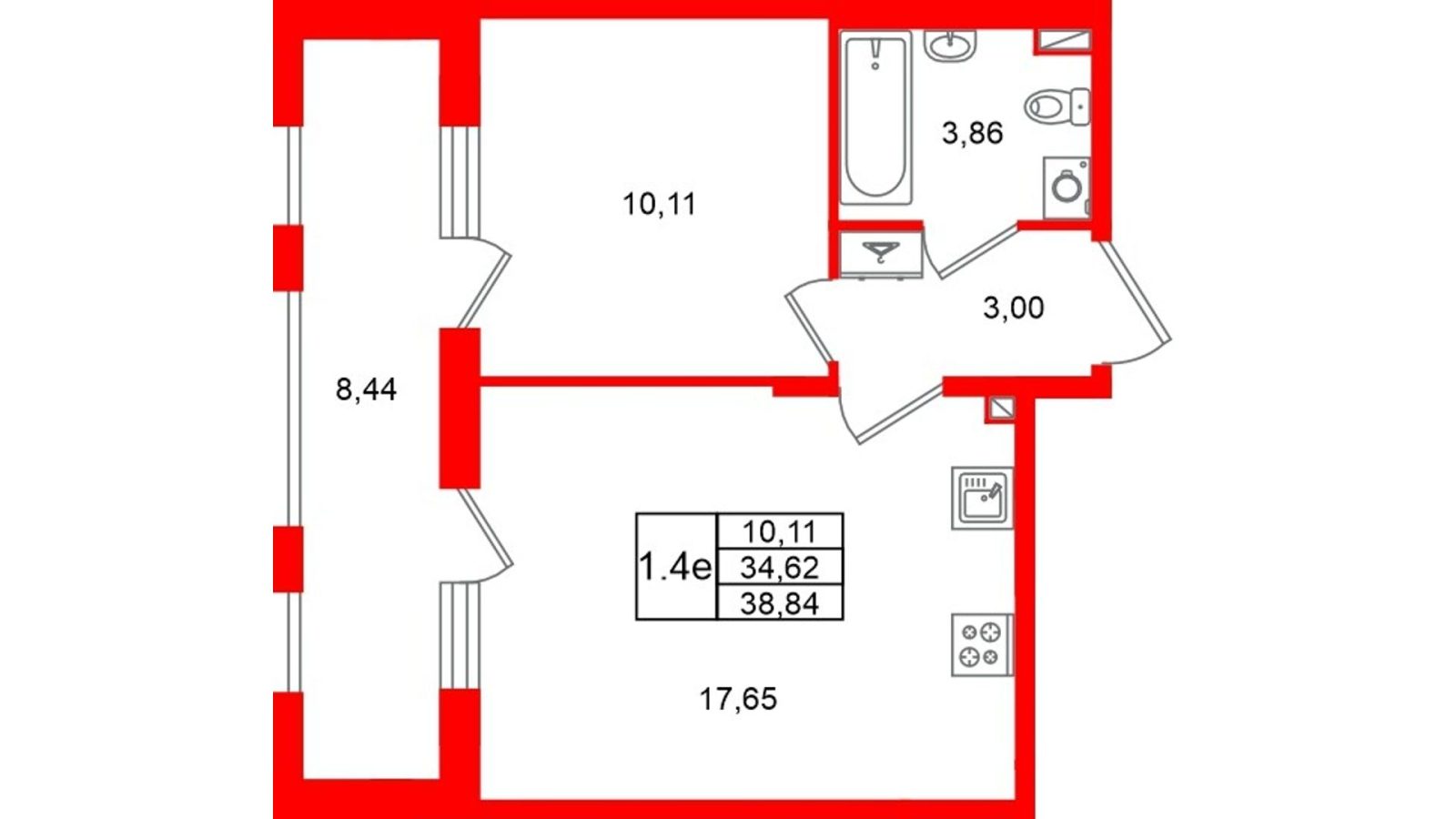 Планировка: 1-комнатная квартира, 34,6 м²