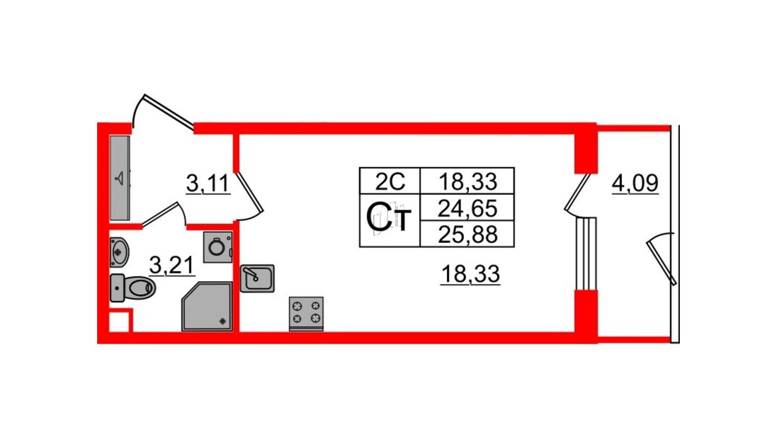 Планировка: студия, 24,1 м²
