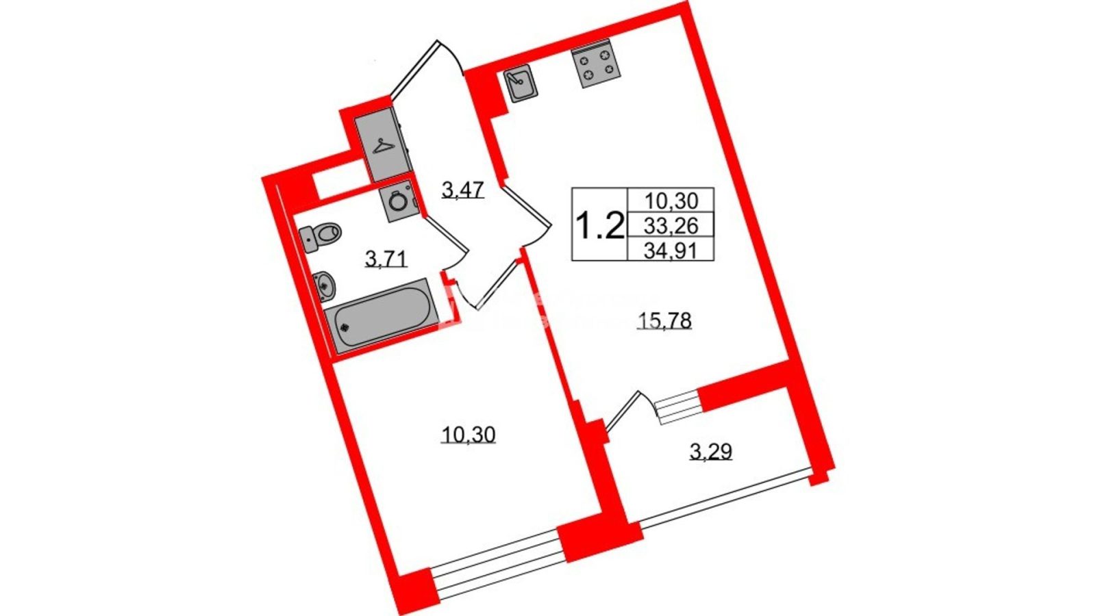 Планировка: 1-комнатная квартира, 33,3 м²