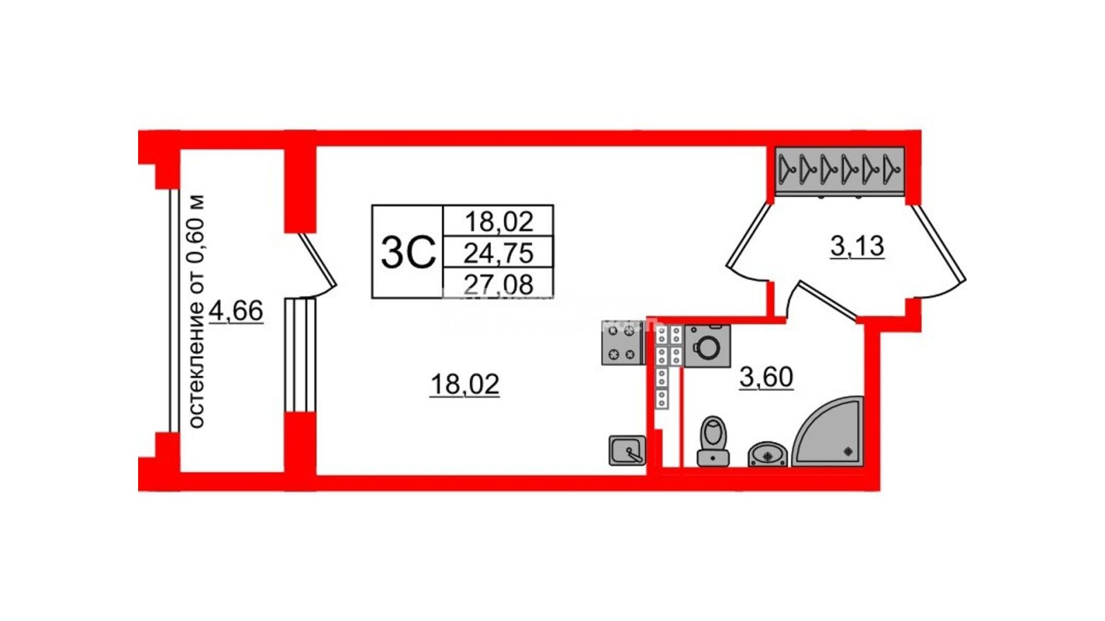 Планировка: студия, 24,8 м²