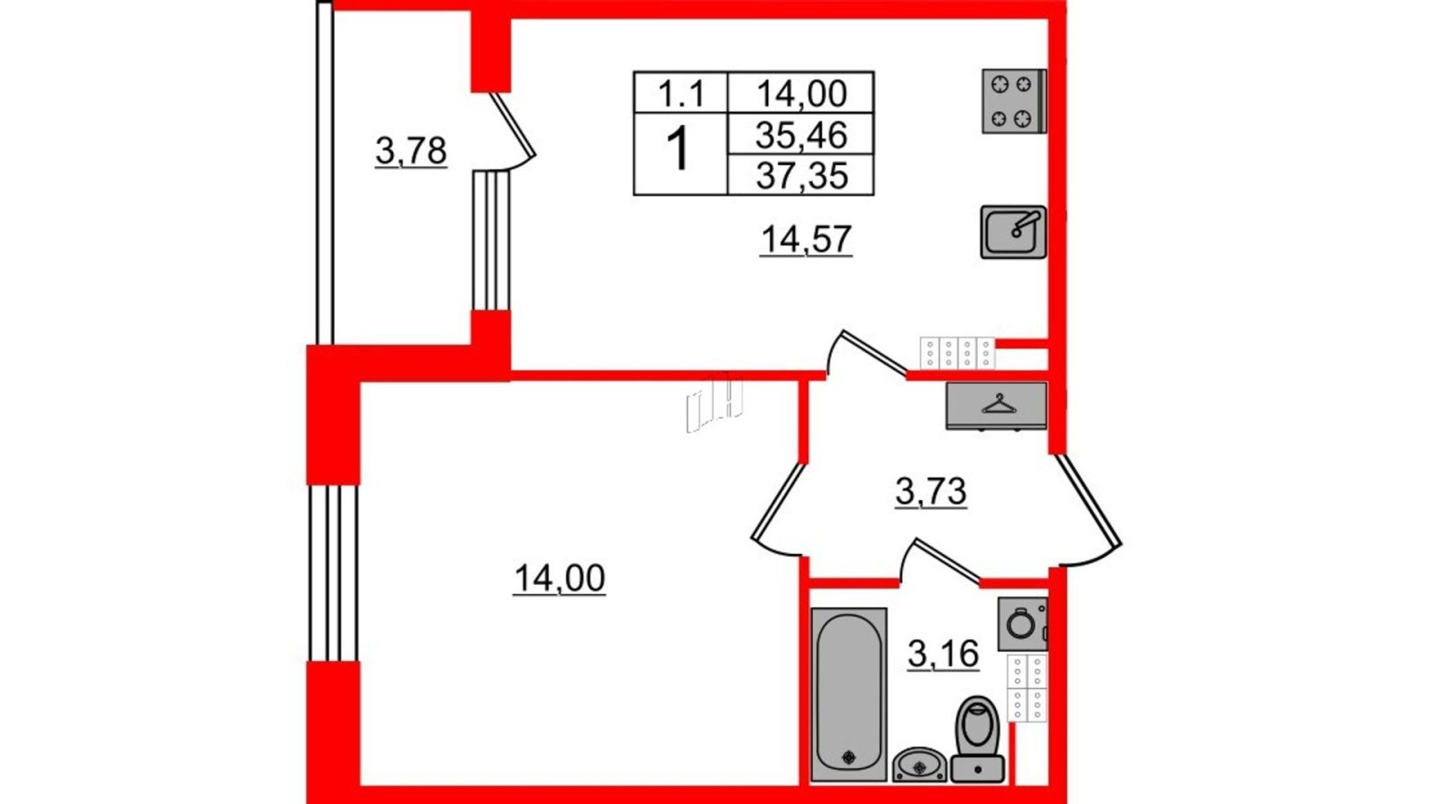 Планировка: 1-комнатная квартира, 34,9 м²