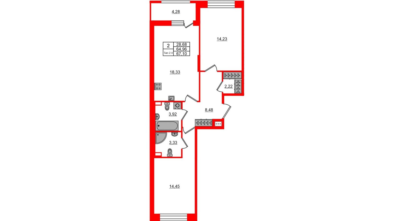 Планировка: 2-комнатная квартира, 65,0 м²