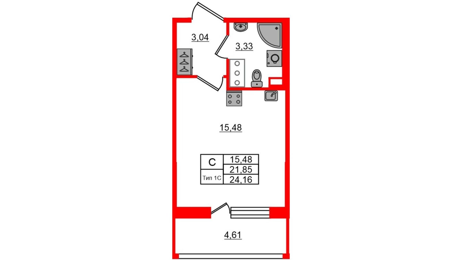 Планировка: студия, 21,9 м²