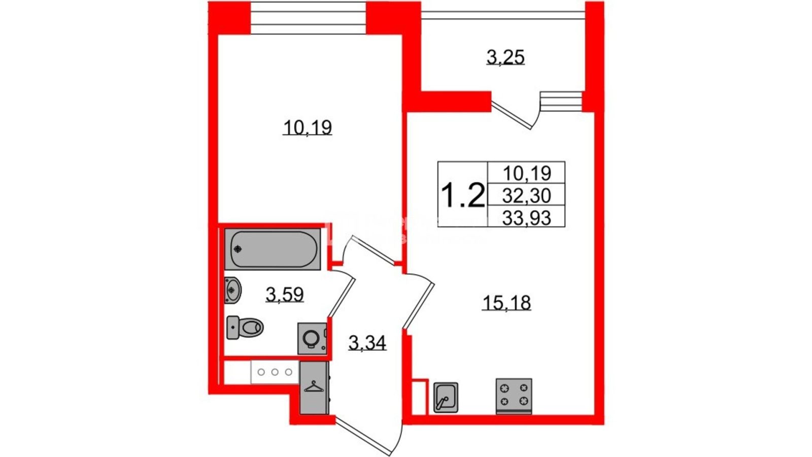 Планировка: 1-комнатная квартира, 32,3 м²