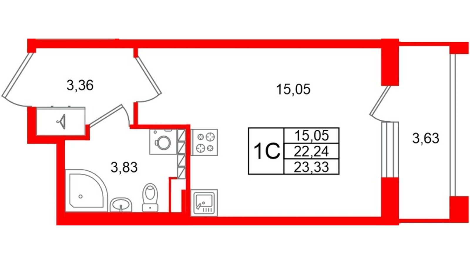 Планировка: студия, 22,2 м²