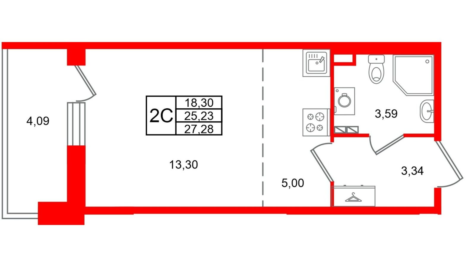 Планировка: студия, 25,2 м²