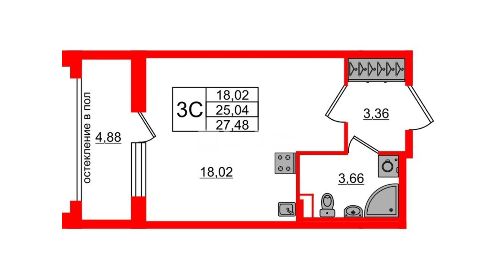 Планировка: студия, 25,0 м²