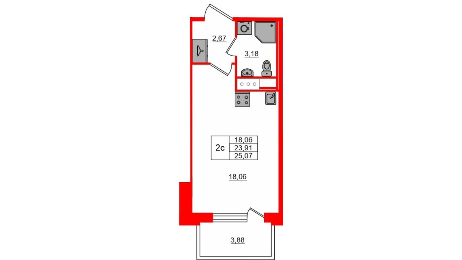 Планировка: студия, 23,9 м²