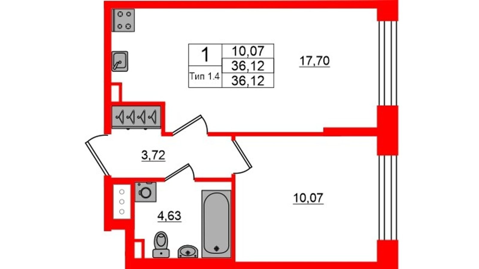 Планировка: 1-комнатная квартира, 36,1 м²