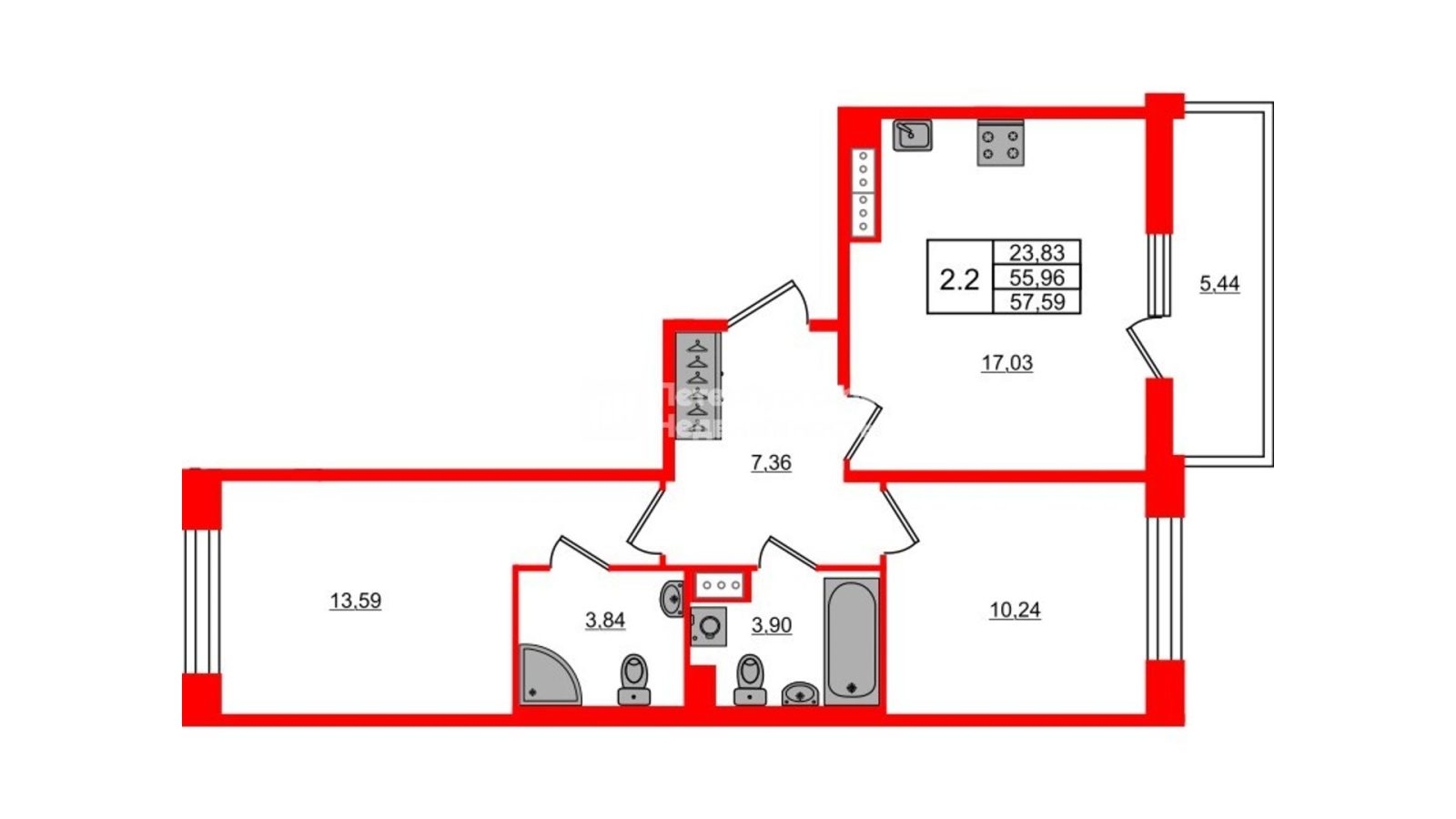 Планировка: 2-комнатная квартира, 56,0 м²
