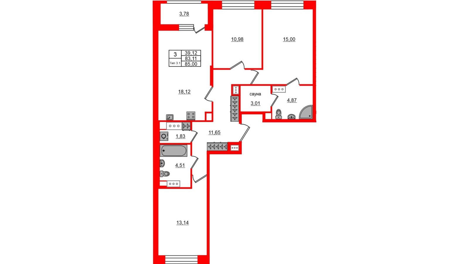 Планировка: 3-комнатная квартира, 83,1 м²
