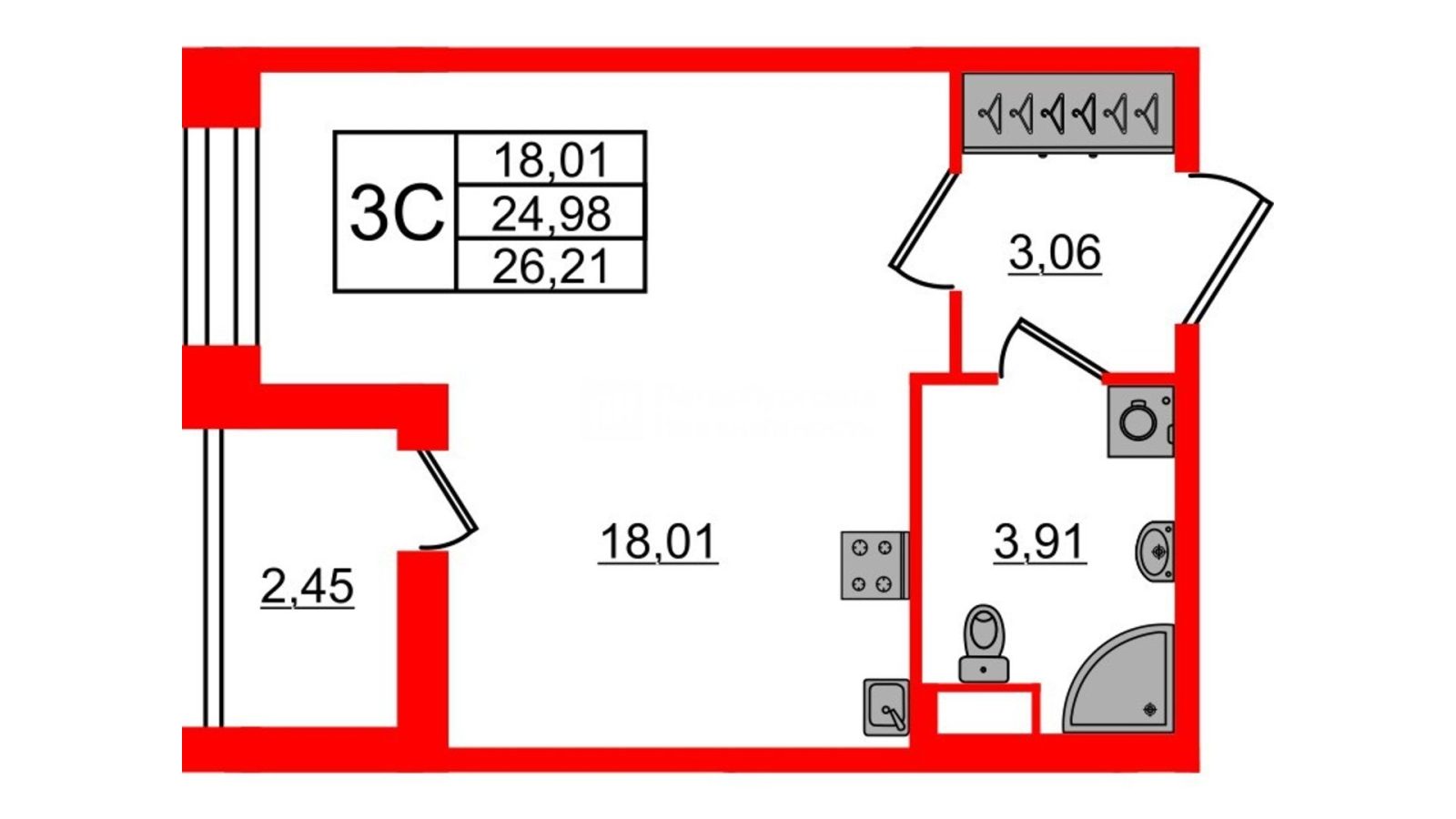 Планировка: студия, 25,0 м²