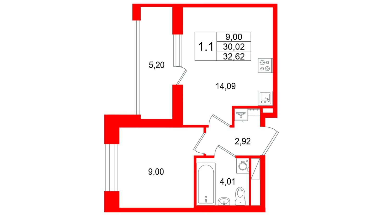 Планировка: 1-комнатная квартира, 30,0 м²