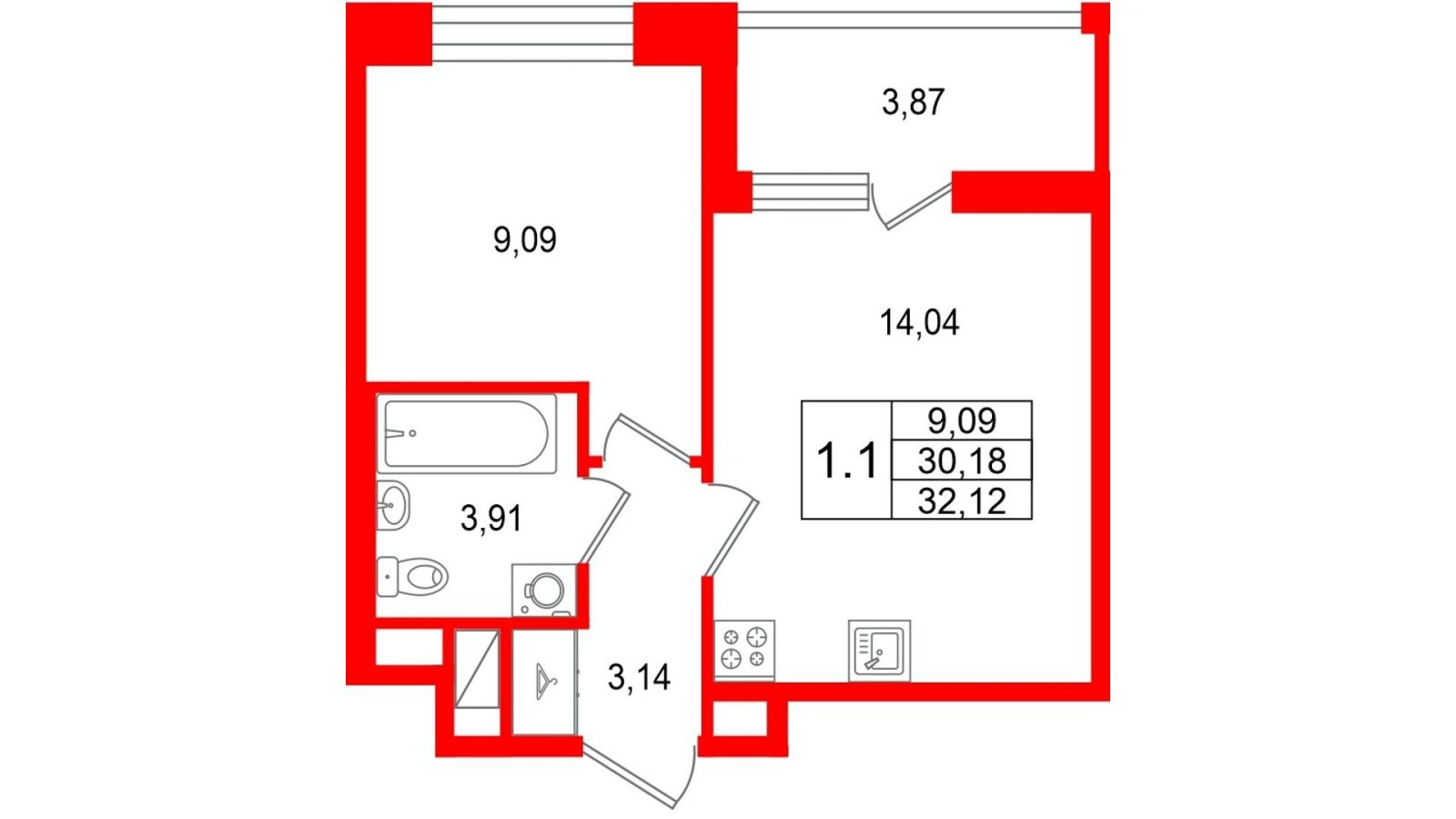 Планировка: 1-комнатная квартира, 30,2 м²