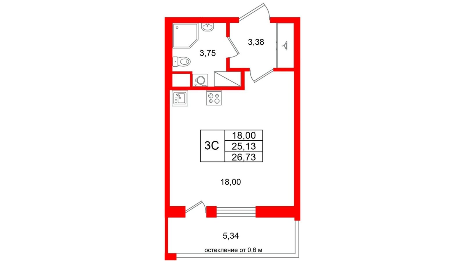 Планировка: студия, 25,1 м²