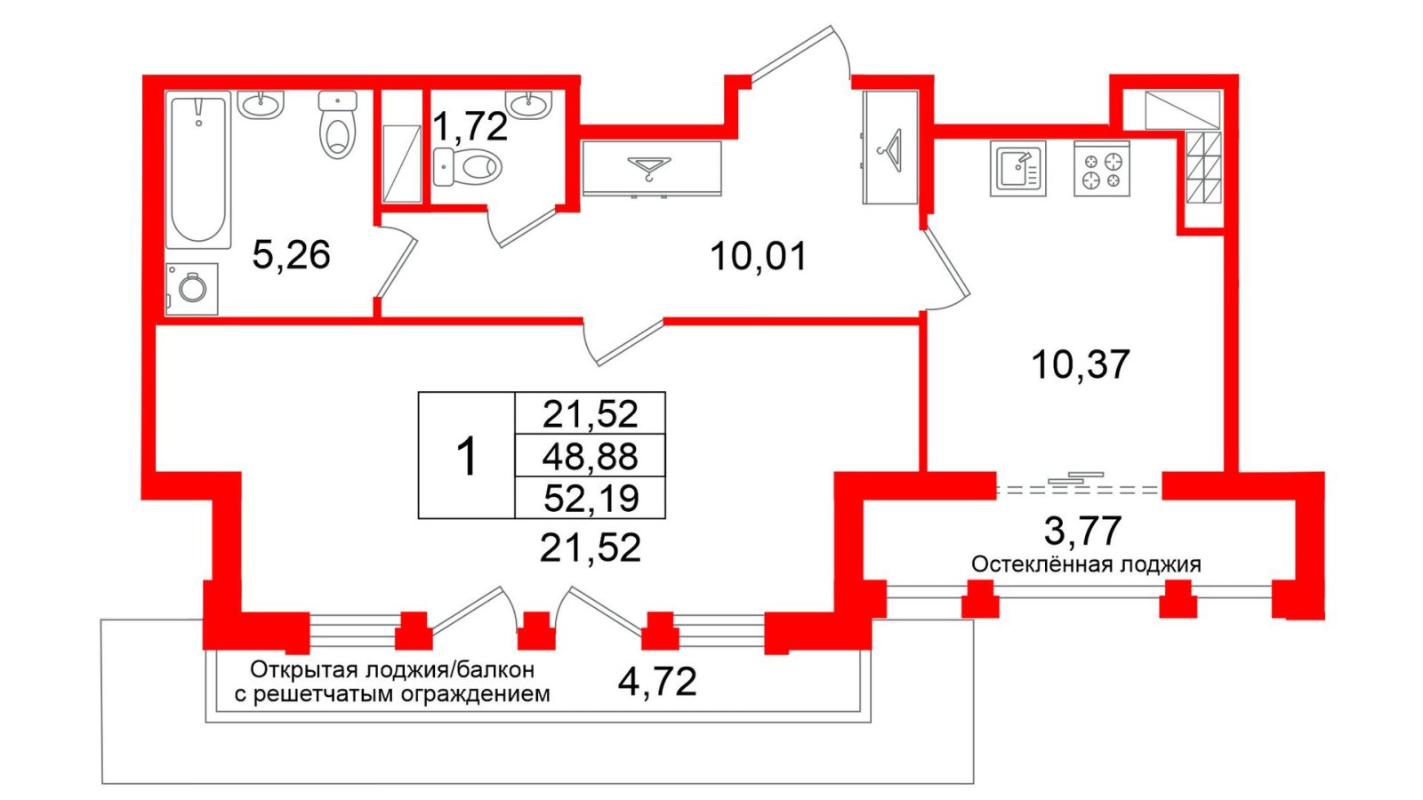 Планировка: 1-комнатная квартира, 48,9 м²