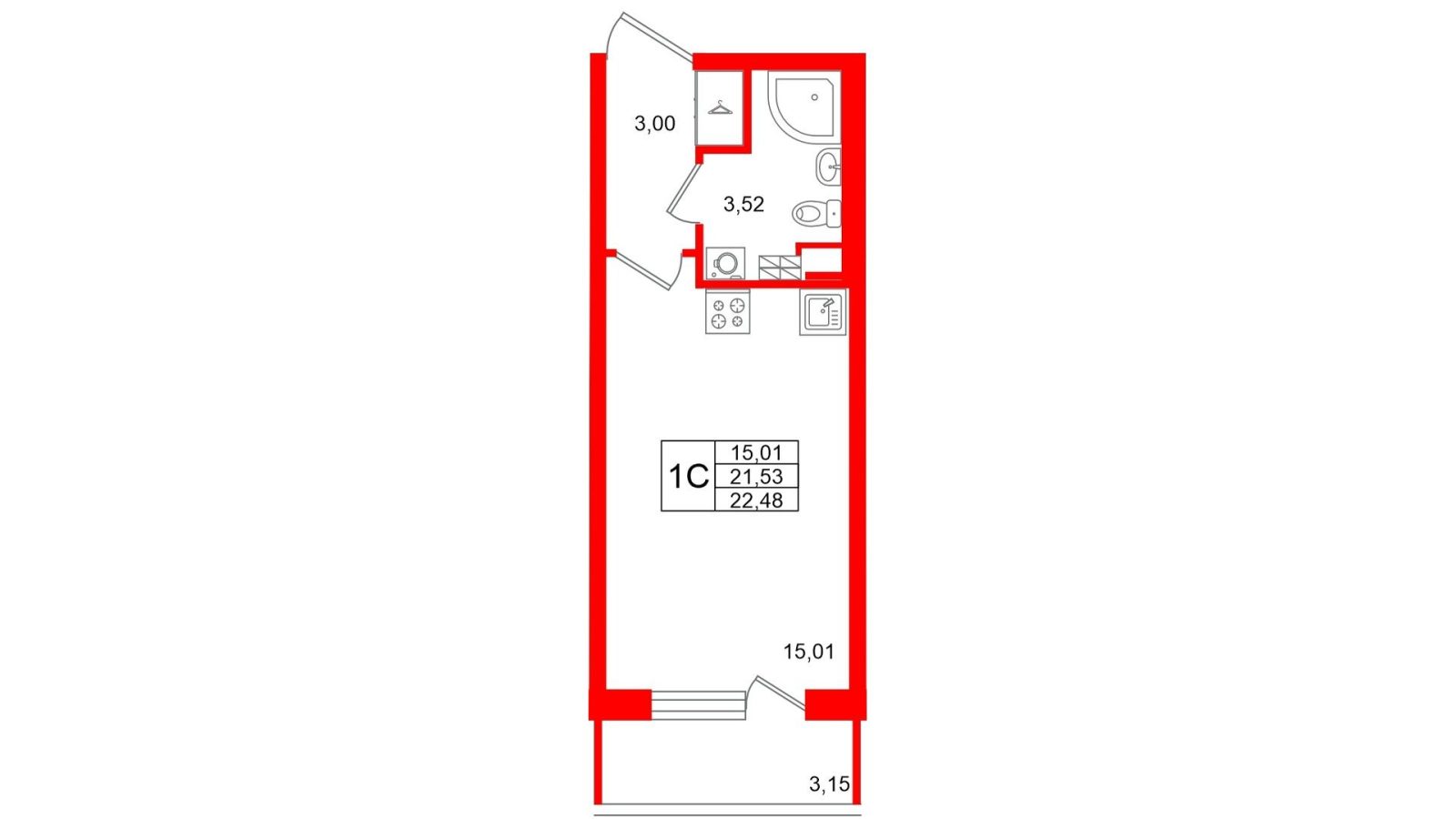 Планировка: студия, 21,5 м²