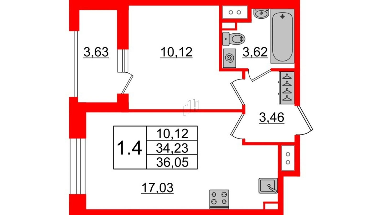 Планировка: 1-комнатная квартира, 34,2 м²