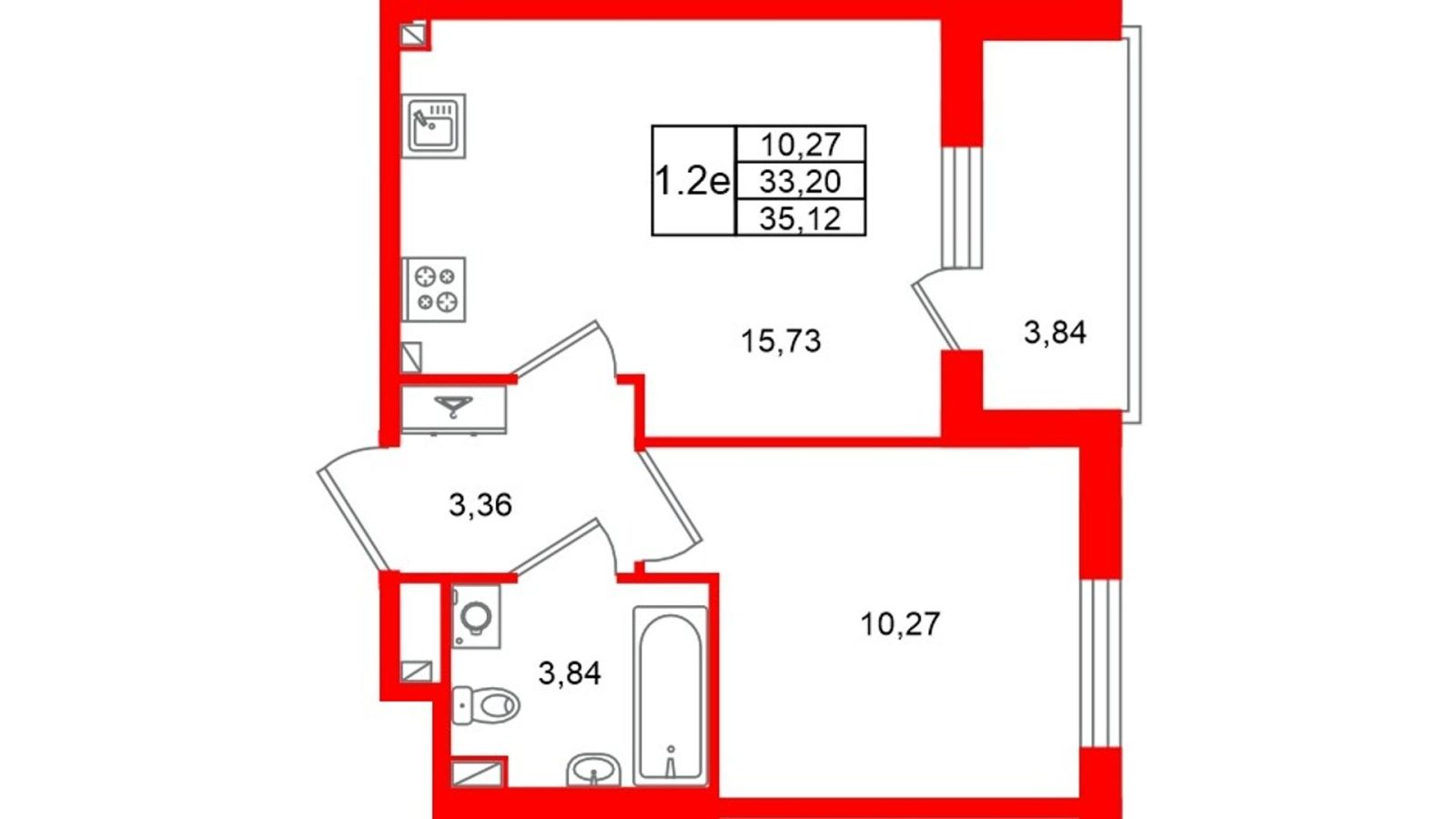 Планировка: 1-комнатная квартира, 33,2 м²
