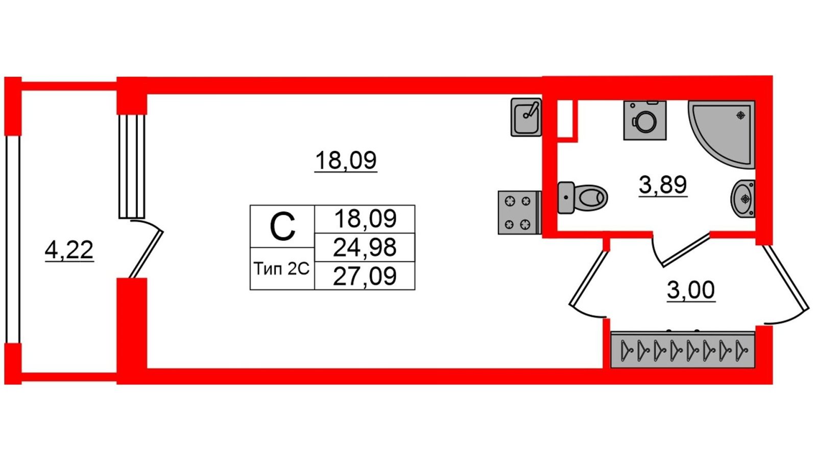 Планировка: студия, 25,0 м²