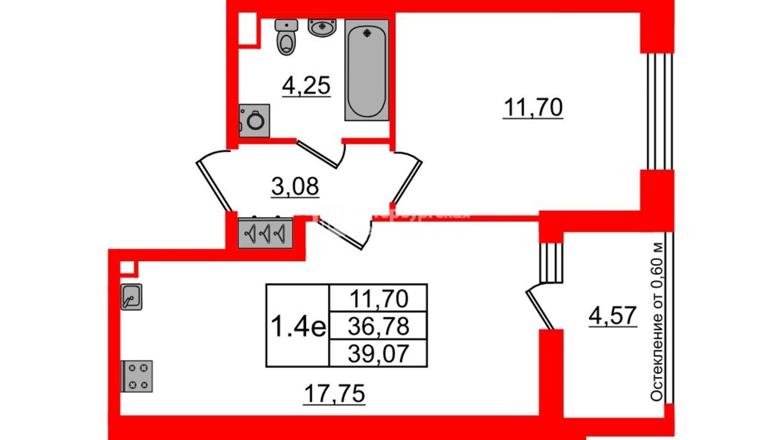 Планировка: 1-комнатная квартира, 36,8 м²