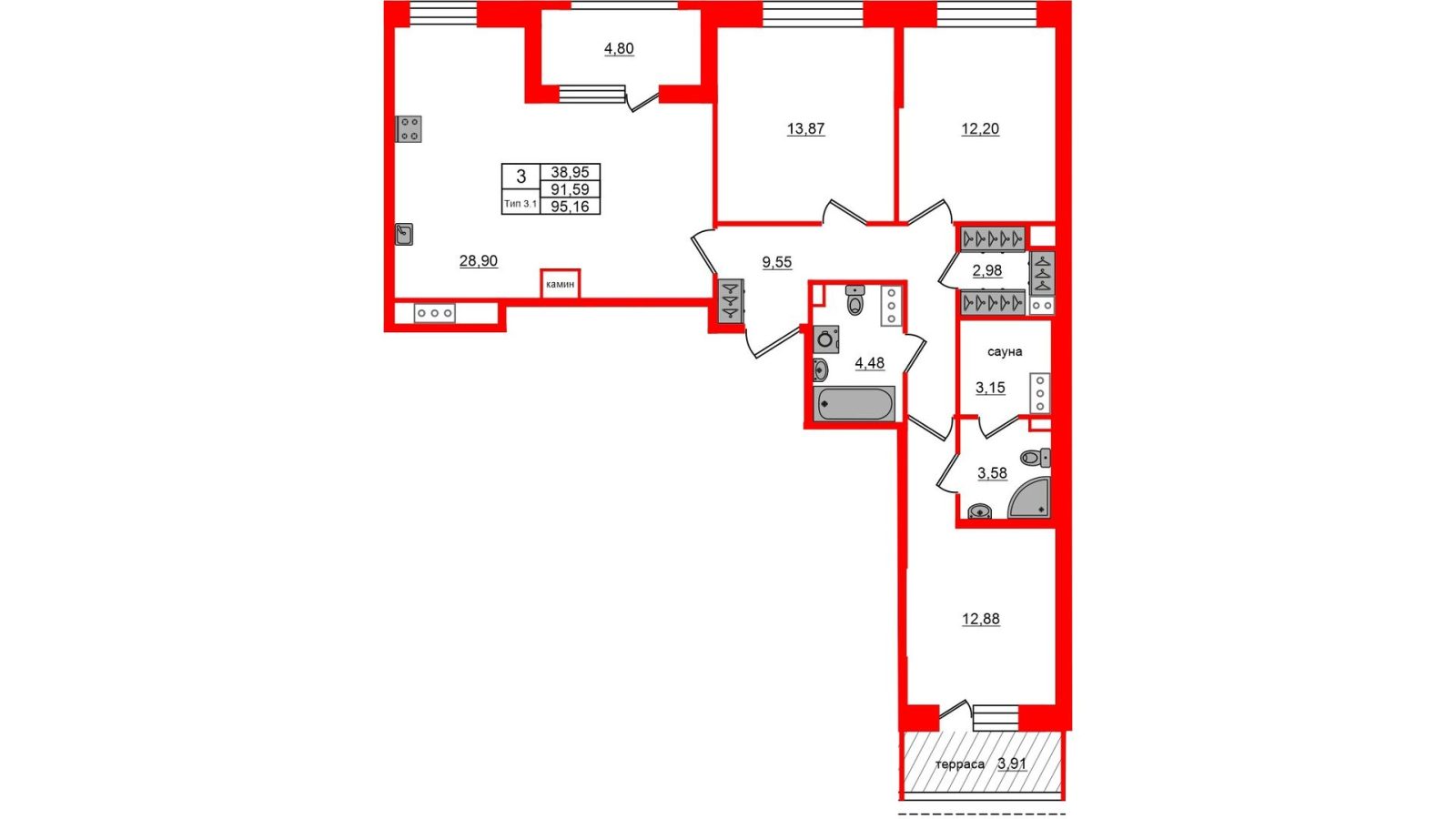 Планировка: 3-комнатная квартира, 91,6 м²