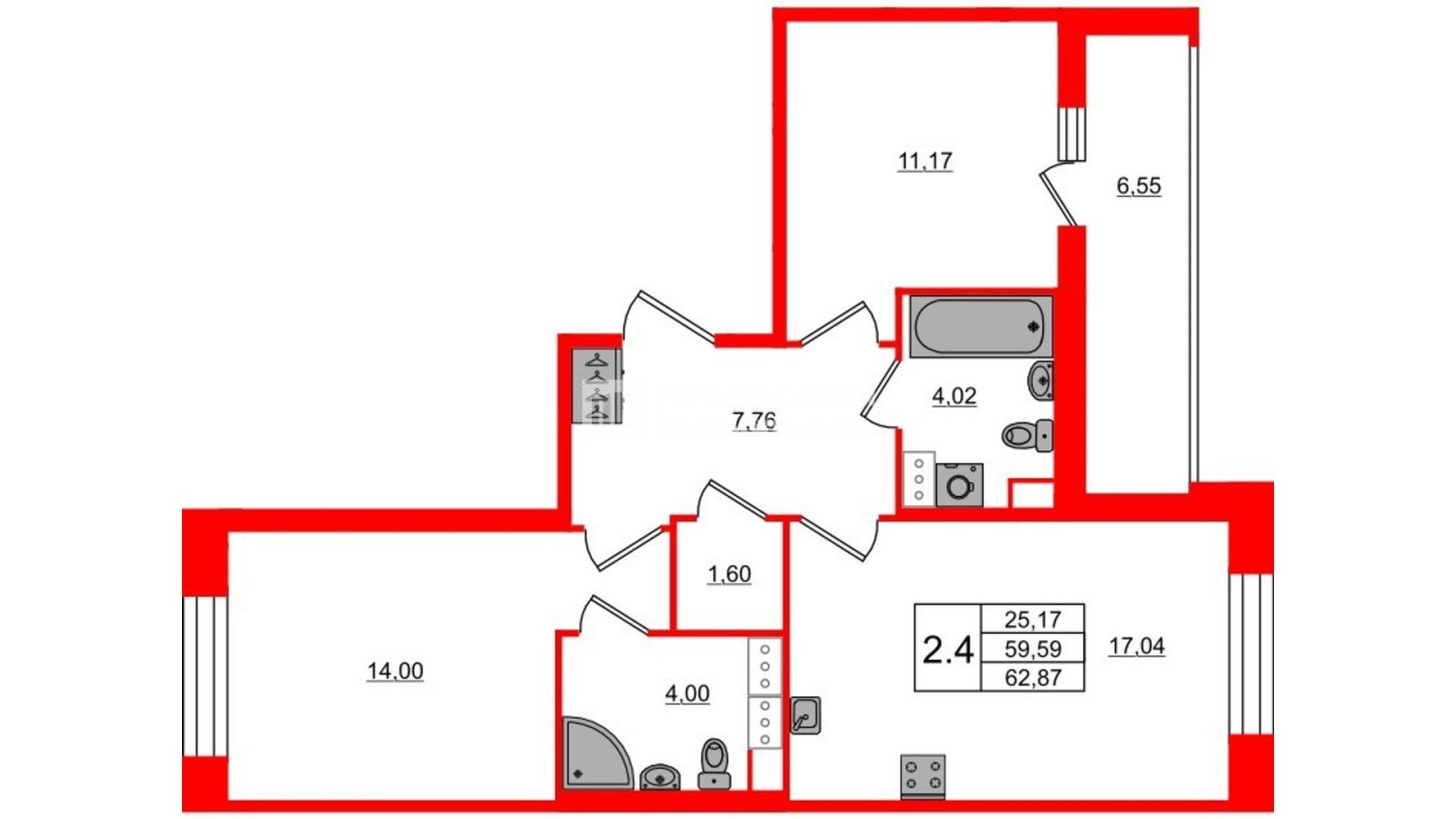 Планировка: 2-комнатная квартира, 59,6 м²