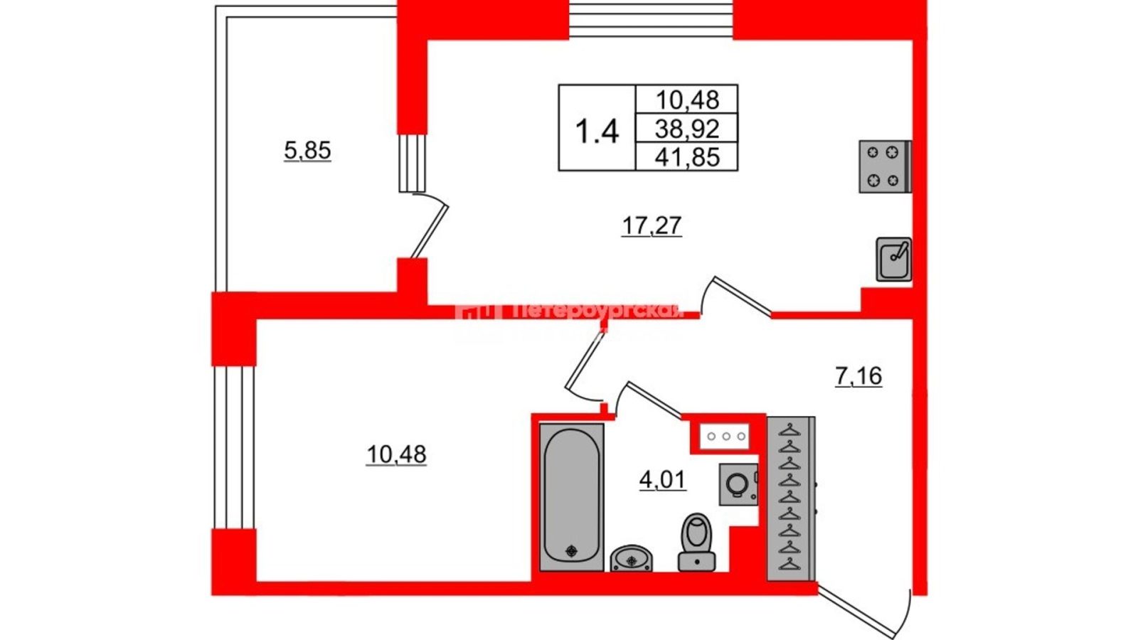 Планировка: 1-комнатная квартира, 38,9 м²