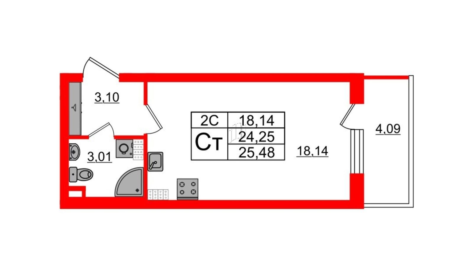 Планировка: студия, 24,3 м²