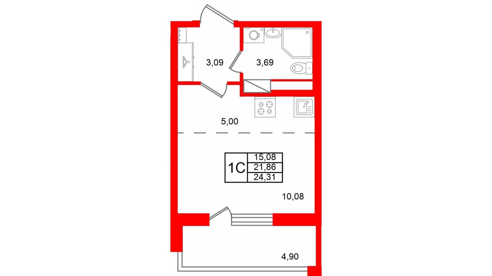 Планировка: студия, 21,9 м²