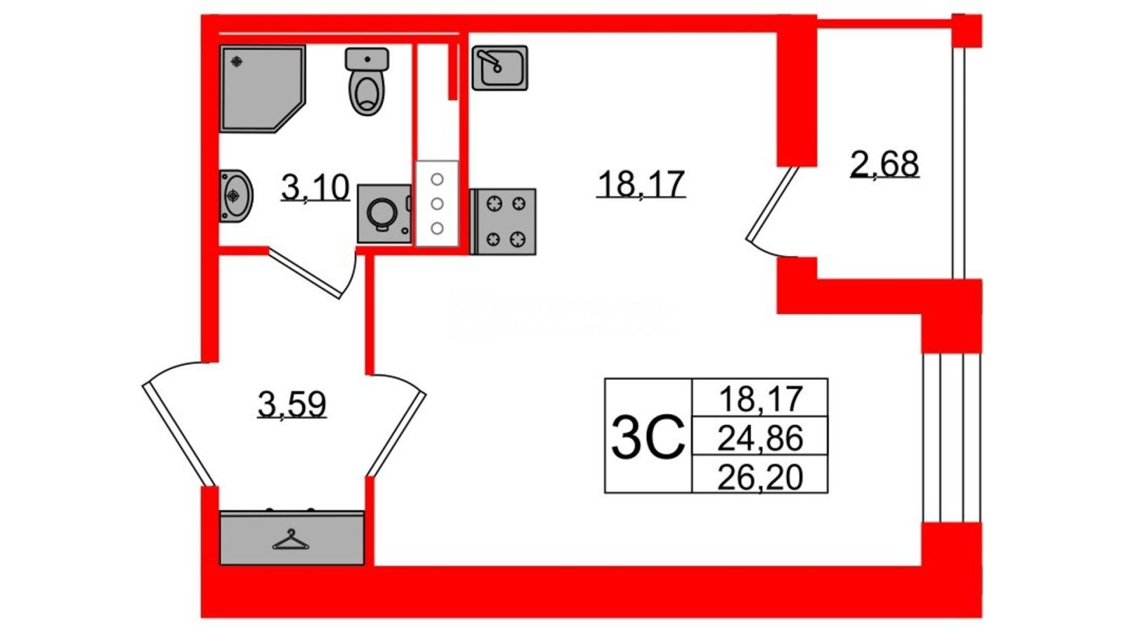 Планировка: студия, 24,9 м²