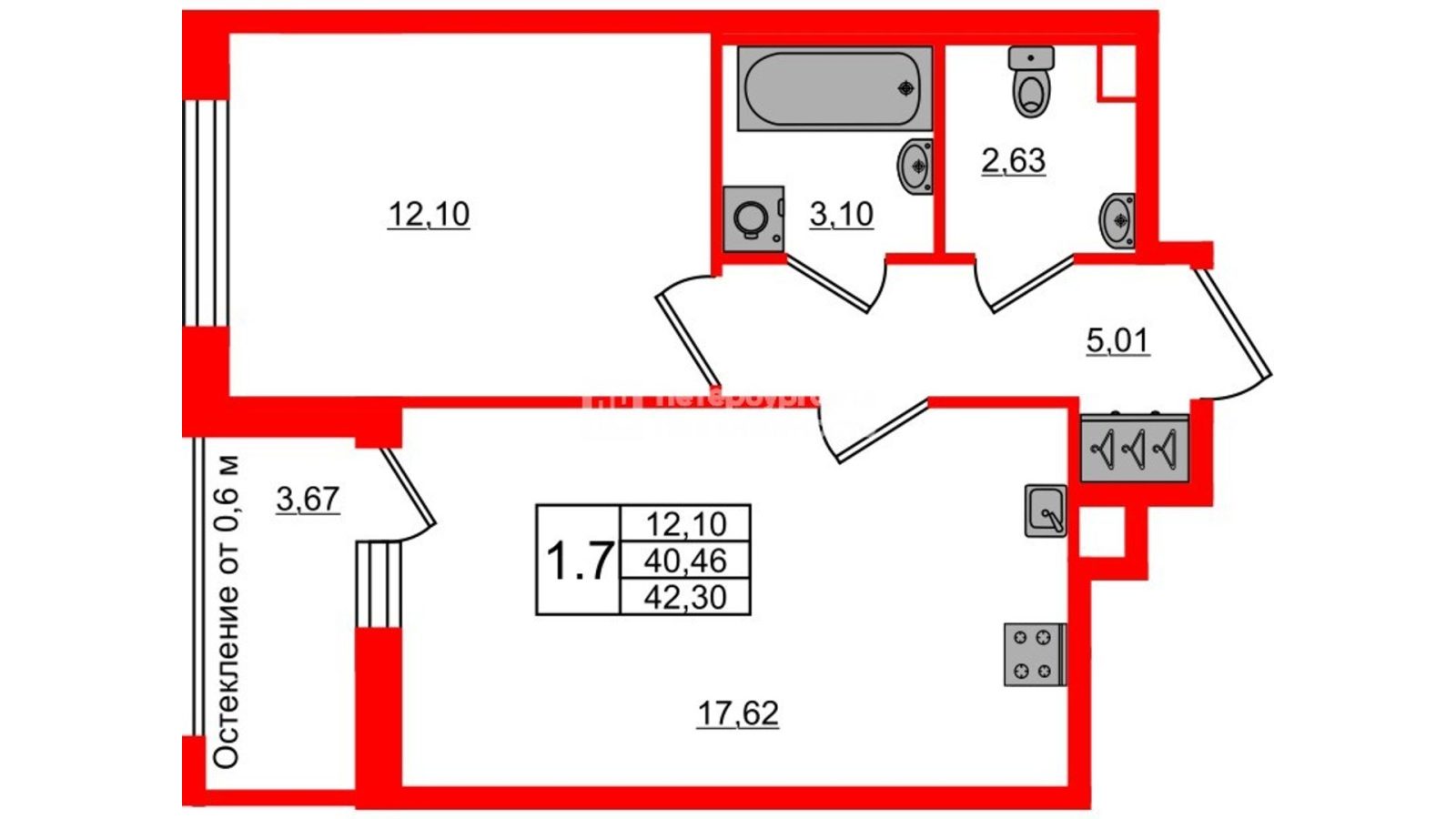 Планировка: 1-комнатная квартира, 40,5 м²