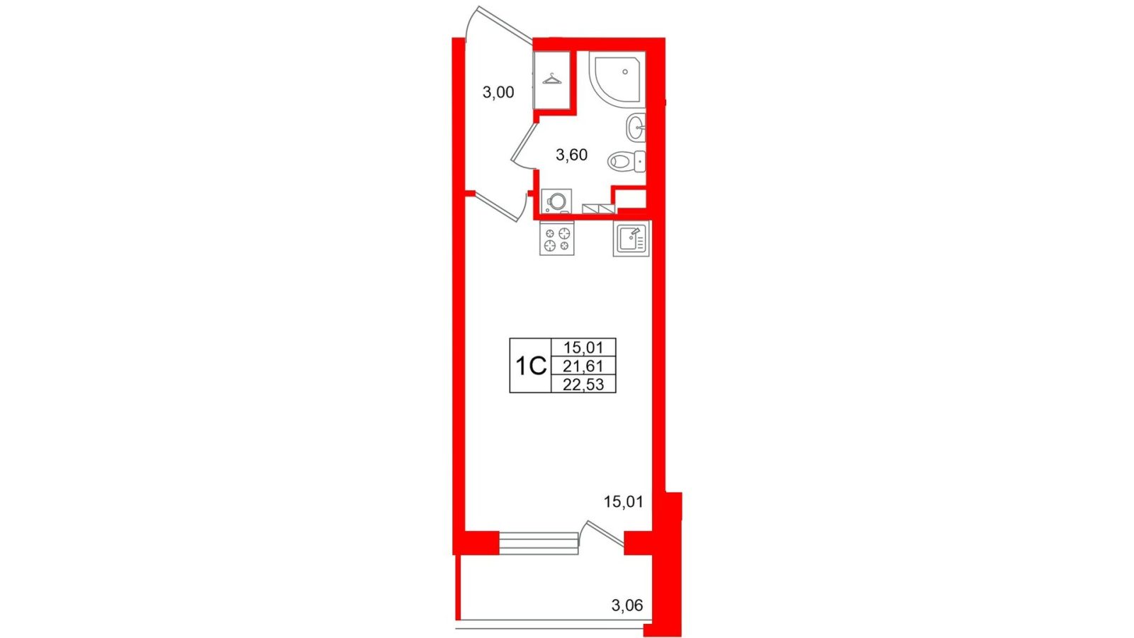 Планировка: студия, 21,6 м²