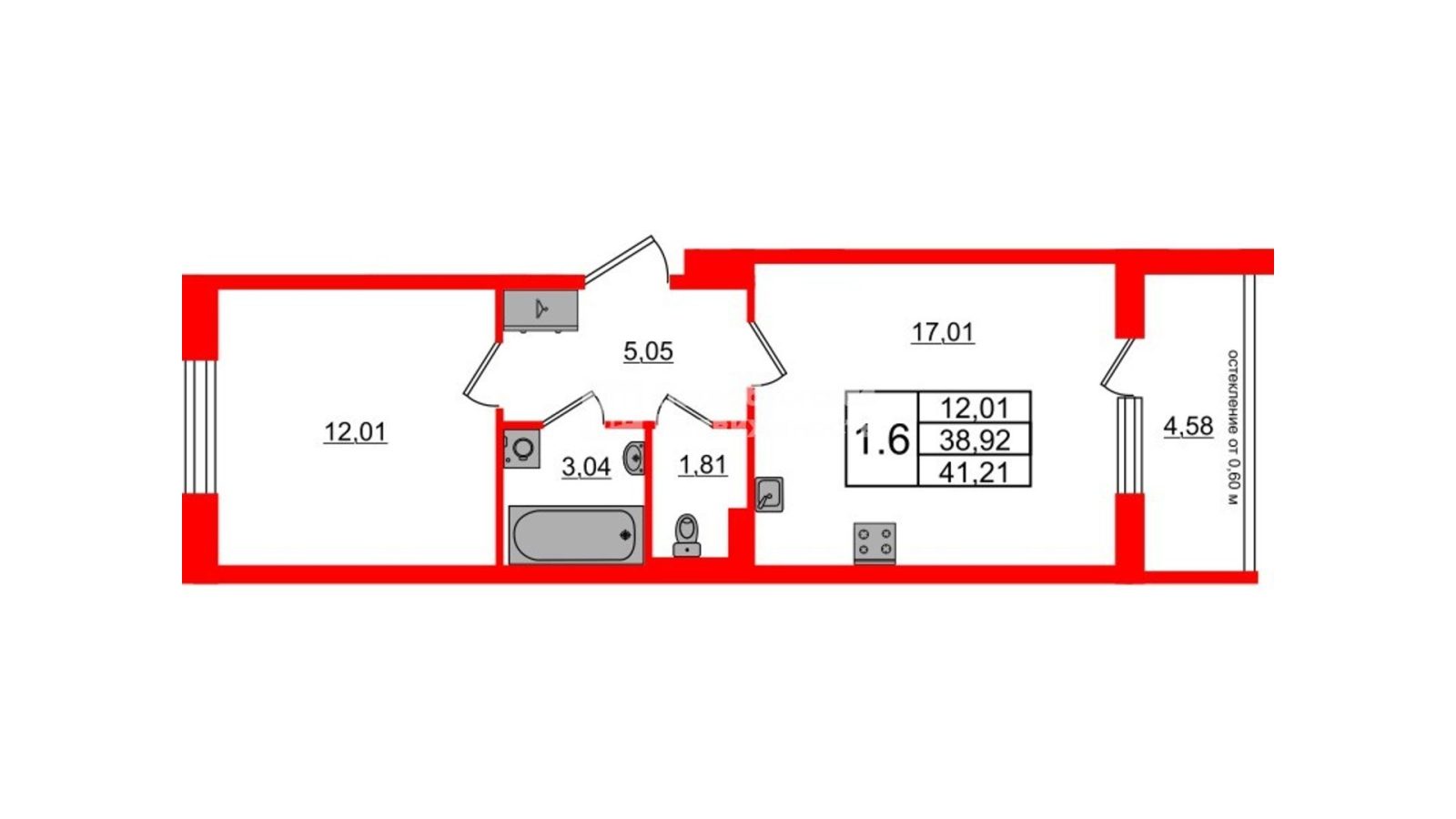 Планировка: 1-комнатная квартира, 38,9 м²