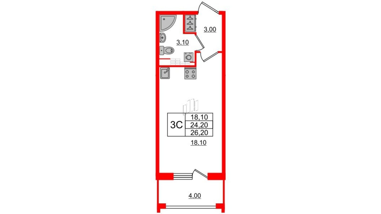 Планировка: студия, 24,2 м²