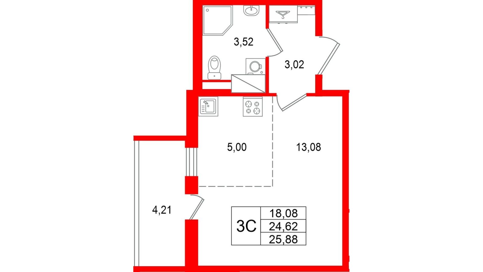 Планировка: студия, 24,6 м²
