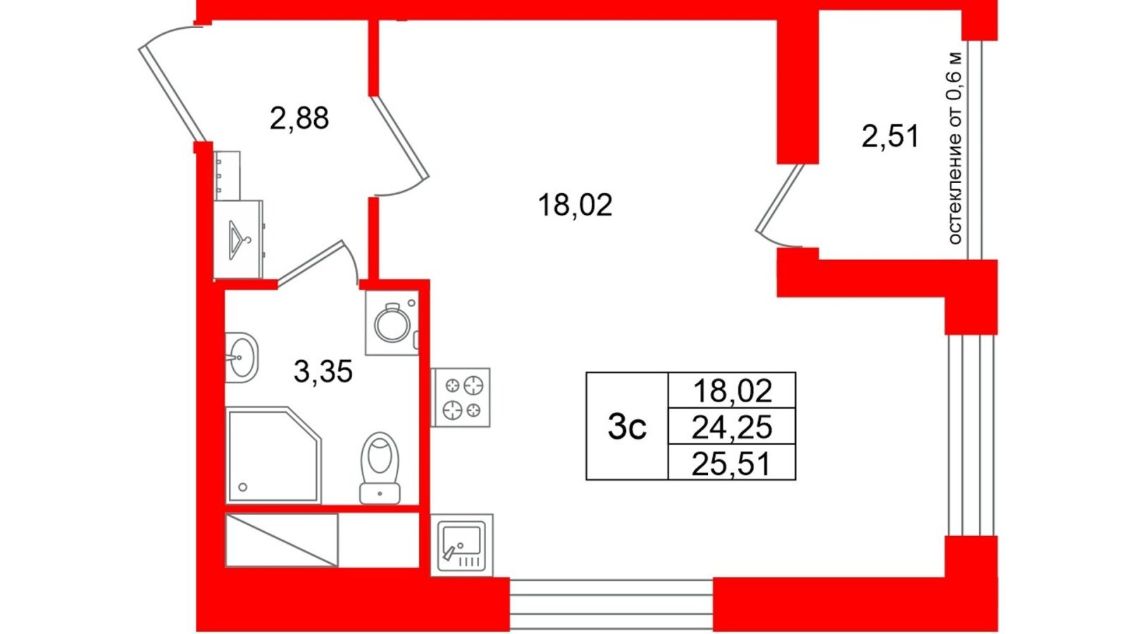 Планировка: студия, 24,3 м²