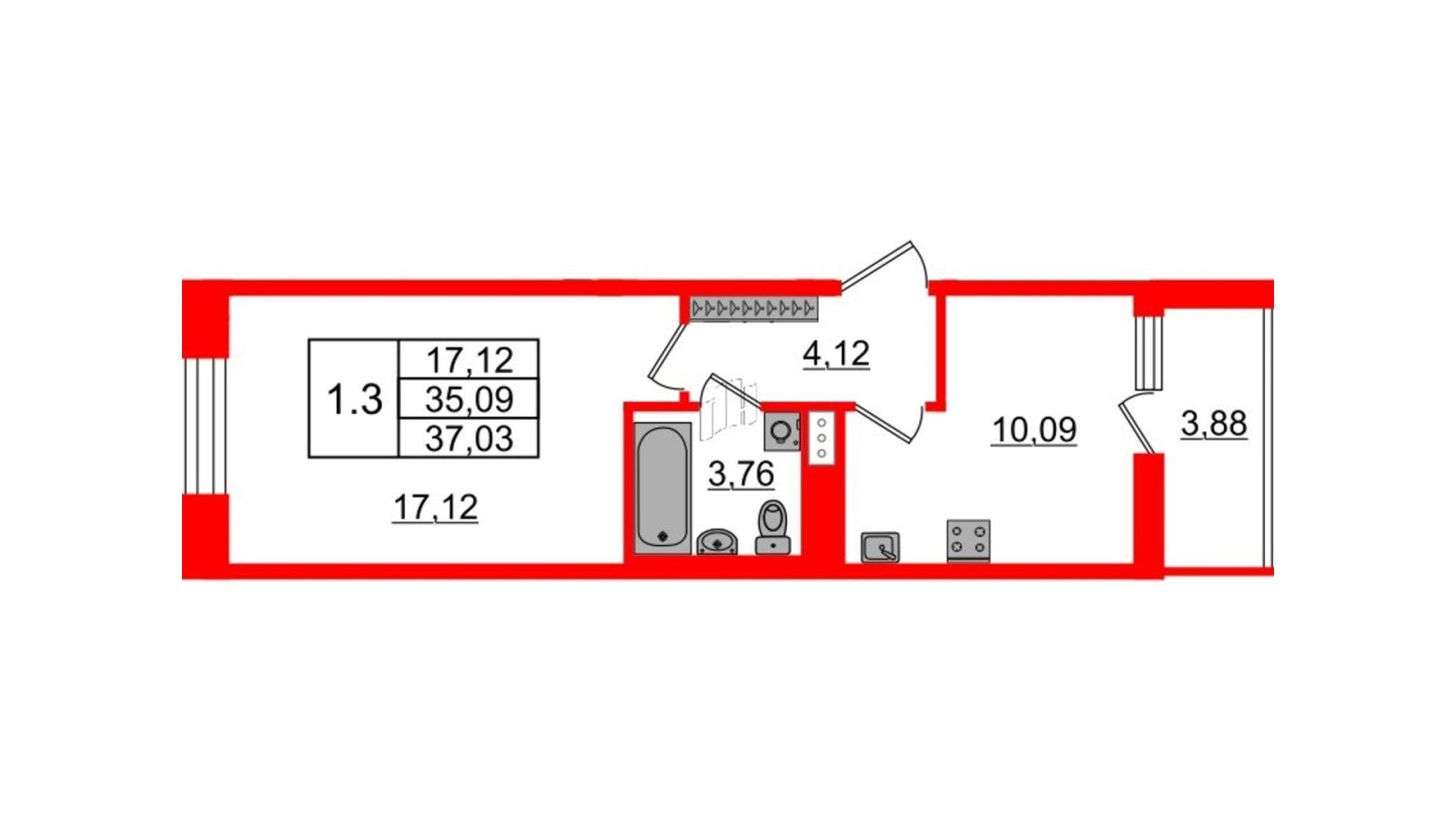Планировка: 1-комнатная квартира, 35,1 м²