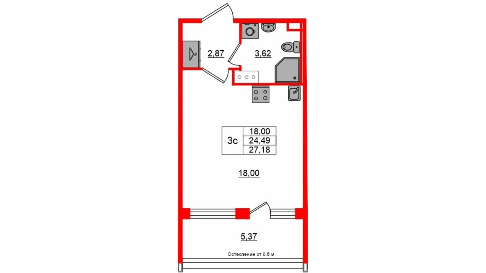 Планировка: студия, 24,5 м²