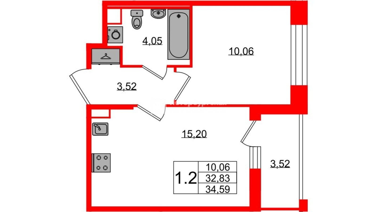 Планировка: 1-комнатная квартира, 32,8 м²